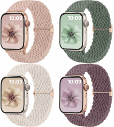 Mastten 4 Stück Geflochtenes Armbänder Kompatibel mit Apple Watch Armband 40mm 41mm 42mm 38mm Damen Herren, Elastisches Nylon Stoff Armband-Sport Solo Loop für iWatch SE Series 10 9 8 7 6 5 4 3 2 1 38/40/41mm/42mm(Series 10) RauchViolett/Grün/Polarstern/R
