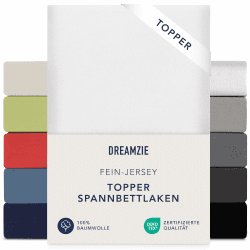 Dreamzie Premium Topper Spannbettlaken 180x200 cm - 200x200 cm - extra niedriger Seitenhöhe - für Topper - Topperauflage - Spannbetttuch Jersey Baumwolle, 150 g/m² - Oeko-TEX - Weiß Topper 180x200cm - 200x200cm Weiß