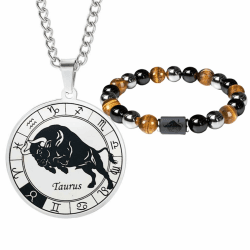 Caimeytie herren Sternzeichen Halskette und Armband Set- Sternbild halskette edelstahl-Münzanhänger-Elastisches Perlenarmband-Geburtstagsgeschenk Schmuck Stier (Geburtsdatum:4/20-5/20)