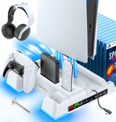 OIVO PS5/PS5 Slim Ständer mit 3 stufigem Lüfter, PS5 Standfuß mit 4 USB Ports/Controller Ladestation/Remote Steckplatz/14 Spiele Aufbewahrung für PS5 Zubehör (Nicht für PS5 PRO) Weiß