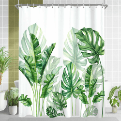 Lerores Duschvorhang 180x180cm, Grün Blätter Beschwerter Saum Antischimmel Textil, Wasserabweisend, Waschbar Polyester Stoff Badevorhänge mit Ösen und 12 Duschvorhangringe für Badezimmer, Badewanne Schildkrötenbambus H180 x B180 cm (13er Pack)