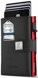 SF SCOFIELD Trinity Smart Wallet I Pop Up Kartenetui Herren ohne Münzfach 10 – 12 Karten I Kreditkartenetui I RFID Schutz I Portemonnaie I Credit Card Holder I Geldbörse I Black - Fire Red Münzfach Mini