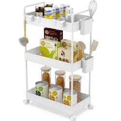 Ronlap Rollwagen Küchewagen mit 3 Ebenen, Servierwagen mit Aufhängebecher, Separator, Haken, Regal auf Rollen für Küche, Schlafzimmer, Büro, Weiß 22x40x66cm Weiß