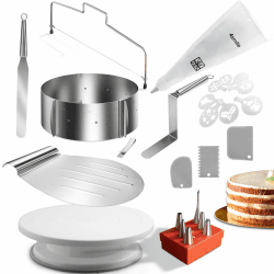 4smile Torten-Zubehör-Set 24 Teile - Tortenring verstellbar hoch 8,5 cm, Tortenschneider, Tortenheber, Tortenplatte drehbar, Streichpalette, Winkelpalette, Spritzbeutel mit Tüllen, Tortenschablone Tortenring 8.5cm 24 Teile - Set Edelstahl