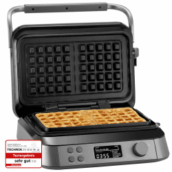 KLAMER Waffeleisen 1600W, doppelte belgische Waffeln, 7 Bräunungsstufen und 5 Programme auf Display, Platten mit Antihaftbeschichtung, Überlaufrille