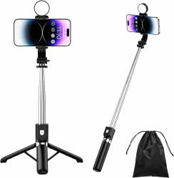 PINHEN 43'' Handy-Stativ,ausziehbarer Selfie Stick-Ständer mit Abnehmbarer drahtloser Bluetooth-Fernbedienung und Handy-Halterung,kompatibel mit iPhone Android Phone,GoPro Kamera (Black with Light)