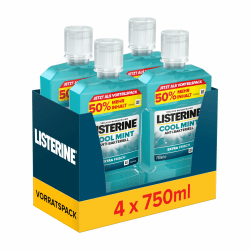 LISTERINE Cool Mint Mundwasser (4 x 750 ml), antibakterielle Mundspülung mit ätherischen Ölen & intensivem Minzgeschmack, Zahnpflege-Spülung reduziert Zahnbelag und bekämpft wirksam Mundgeruch 3 l (1er Pack) Multipack
