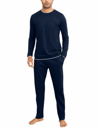 Aseniza Herren Schlafanzug Lang Pyjama Baumwolle Winter Zweiteilige Pyjamas mit Langarmshirt und Schlafanzughose für Männer L Blau
