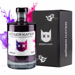 BÖSER KATER Magic Berry Gin | Farbwechsel-Effekt von Violett zu Rot durch Tonic Water | Das perfekte Geschenk in hochwertiger Geschenkbox | Handgemacht mit fruchtigem Beeren-Geschmack 0,5l 40% Vol. Magic Berry Gin Flasche in Geschenkbox