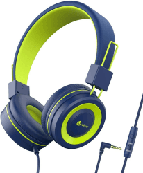 iClever Kopfhörer Kinder, Kopfhörer für Kinder, Verstellbares Stirnband, Stereo Sound, Faltbare, entwirrte Drähte, 3,5 mm Aux Jack, 85/94 dB Volume Limited, KinderKopfhörer auf Ohr blau grün