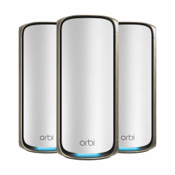 NETGEAR Orbi 970-Serie Quad-Band WiFi 7 Mesh WLAN Set (RBE973S), BE27000 WiFi 7 Router mit 2 Satelliten-Repeatern, Abdeckung von bis zu 660 m², 200 Geräten, 10-Gig-Internetanschluss WiFi 7 3er Pack
