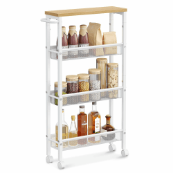 VASAGLE Rollwagen 4 Ebenen, Küchenwagen schmal, Nischenregal auf Rollen, Stahl, Griff, für kleine Räume, 13 x 45,4 x 77 cm, Küche, Bad, Wohnzimmer, Arbeitszimmer, eichenfarben-weiß LRC032W09 4 Ebenen (13 x 45,4 x 77 cm) Eichenfarben + Weiß