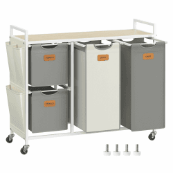 VASAGLE Wäschekorb 4 Fächer, Wäschesammler 150 L, Wäschesortierer, Rollen, Wäschewagen mit Ablage, Wäschesack, kleine seitliche Taschen, 6 Etiketten, naturbeige-taubengrau-cremeweiß BLH203G01 Naturbeige + Taubengrau + Cremeweiß 150 L
