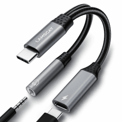 LAMSCAT USB C auf Klinke Adapter und Laden, 2 in 1 Typ C auf 3.5mm Kopfhörer Adapter Unterstützt 60W Schnellladung für Samsung Google, Xiaomi Huawei/Mini 6 und mehr (grau)