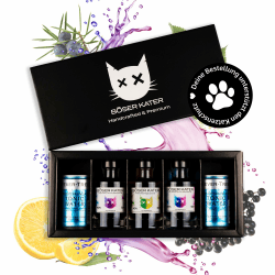 Böser Kater Farbwechsel Gin Tasting-Set | Hochwertige Geschenkbox | Perfekte Geschenkidee | 3x 100ml Farbwechsel Gin + 2x 150ml Fever Tree Tonic Water | für bis zu 5 Personen