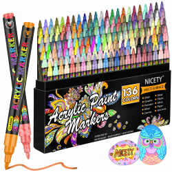 NICETY Acrylstifte für Steine Wasserfest - 136 Farben Multimarker Acrylmarker Glasmalstifte für Stein Stoff Holz Leinwand Glas Keramik - 0,7 mm Acrylic Paint Markers