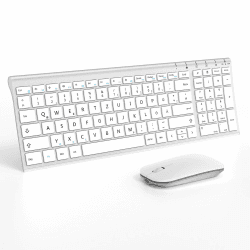 seenda Tastatur Maus Set Kabellos, Wiederaufladbare kleine Funktastatur mit Maus, Metall Tastatur für PC/Laptop/Smart TV, Leises Klicken & QWERTZ Layout, Weiß & Silber