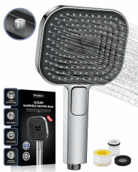 Duschkopf Wassersparend, Duschbrause Groß 135mm, Handbrause mit Antikalk-Funktion 【Lebensmittelechtes Silikon】【43% Wassereinsparung】, AirMix Brausekopf Dusche mit 3 Strahlarten, Chrom (Ohne Schlauch) Silber