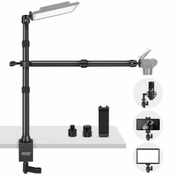 NEEWER Tisch Kamerastativ mit 2 Teleskopauslegern, Telefonhalter, Kugelköpfe, Schraubadapter, Tischleuchtenstativ für Kamera, Handy, Webcam, Ringlicht, TL253A+DS001