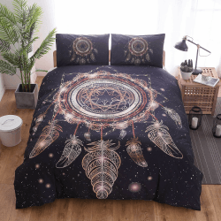 OldPAPA Bettwäsche Mädchen, 3 Stücke Weiche Druck Bettbezug Set Tröster Bettbezug Mandala Böhmischen Bettwäsche Set, Traumfänger Federn Muster E 200*200CM