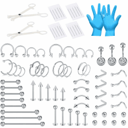NIUSIMAN 66-113 Stück Piercing Set Edelstahl Retainer mit Klemmhandschuhen Körperpiercing Werkzeugset für Bauchnabel Zunge Brustwarze Augenbraue Lippe Septum Nase Ohr Piercing 1-85pcs-mixed-size