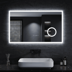 SONNI LED Badspiegel 100x60 cm Badezimmerspiegel mit Beleuchtung 3 einstellbare Lichtfarbe Lichtspiegel Wandspiegel mit Touchschalter, Uhr, Temperatur, 3-Fach Vergrößerung 100L x 60B cm