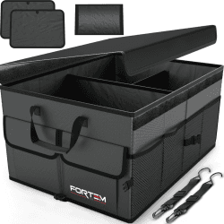FORTEM Kofferraum Organizer, Kofferraumtasche, Zusammenklappbarer Auto Organizer Kofferraum mit Fächern, Rutschfester Boden, Verstellbare Sicherungsriemen, Klappbarer Deckel (Grau, Standard) Grau Standard