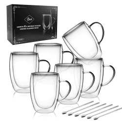 LIBWYS Doppelwandige Kaffeegläser 6x350ml mit Löffel, Cappuccino, Latte Macchiato Gläser, Teetassen Thermo mit Griff, Hitzebeständige Kaffeetassen Trinkgläser (6er Set) 6x350ml+mit Loffel