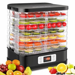 MEYKEY Dörrautomat Edelstahl, Dörrgerät mit 8 Einlegefächer 400W, Trockner für Obst, Fleisch & Kräuter inkl. Antihaft Silikon Dehydrator Blätter, 30-70°C, 72h-Timer Schwarz