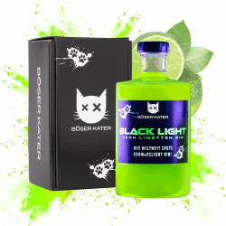 Böser Kater Blacklight Gin | Weltweit erster Schwarzlicht Neon Gin mit Leucht-Effekt | Partydrink | Fruchtiger Limettengeschmack | In hochwertiger Geschenkbox | Geschenkidee | 0,5l 40% Vol. Blacklight Gin 0,5l