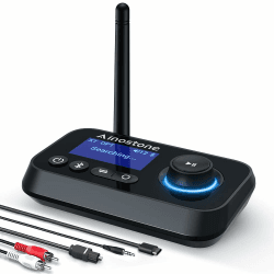Ainostone Bluetooth 5.0 Sender Empfänger für 2 Kopfhörer 3-in-1 Bluetooth Audio Adapter Low Latency Bluetooth Transmitter mit Bypass Schalter Lautstärkeregelung AUX Optisch RCA für TV Stereoanlage PC Schwarz