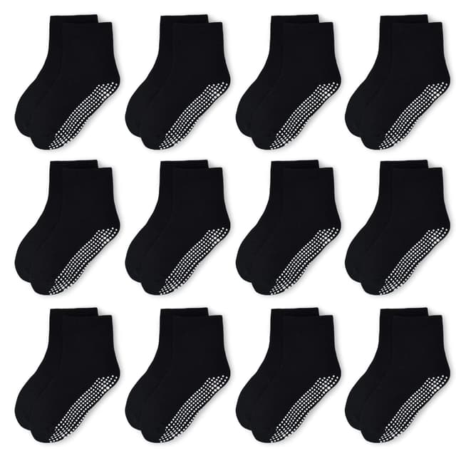 ELUTONG 12 Paar Socken Kinder Baby Jungen Socken ABS Antirutsch Anti-Rutsch Kleinkinder Babysocken für 1-10 Jahre 3-5 Jahre 004 Schwarz