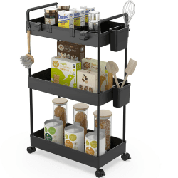 Ronlap Rollwagen Küchewagen mit 3 Ebenen, Servierwagen mit Aufhängebecher, Separator, Haken, Regal auf Rollen für Küche, Schlafzimmer, Büro, Schwarz 22x40x66cm Schwarz