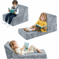 MeMoreCool Kindersofa Ausziehbares Schlafsessel, Sitzsack für Kinderzimmer, Lounge Stuhl Faltbarer Boden Lounger, 3-in-1 Klappstuhl für Kinder, Liegestuhl für Kleinkinder 1-3 Jahre, Grau Dinosaurier