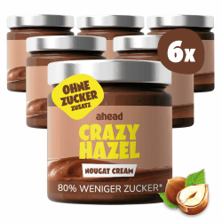 ahead CRAZY HAZEL | 6 x 200g Haselnusscreme ohne Zuckerzusatz | Super leckerer Schokoaufstrich mit 80% weniger Zucker* | Ohne Palmöl, glutenfrei & vegetarisch | Zuckerarmer Brotaufstrich Schokocreme Schoko-Haselnuss