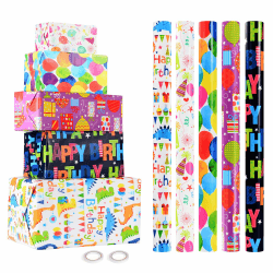 CHEPULA Geschenkpapier Geburtstag Kinder 5 Rollen, 43 cm x 300 cm Geschenkpapierrollen Junge, Recycelbar Geschenk Papier Erwachsene, Birthday Gift Wrapping Paper für alle Geburtstagsanlässe Bunt