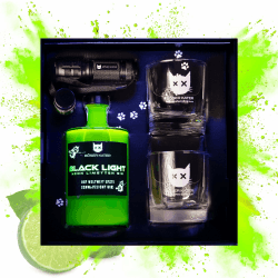 Böser Kater Blacklight Gin Geschenkset | Weltweit erster Schwarzlicht Neon Gin mit Leucht-Effekt | Set mit 2 Gläsern & UV-Taschenlampe | Fruchtiger Limettengeschmack | Geschenkidee | 0,5l 40% Vol. Blacklight Gin Geschenkset + 2 Gläser