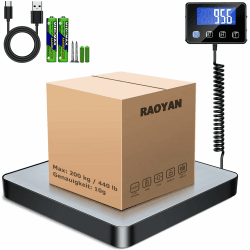 RAOYAN Paketwaage, 200kg/10g Hochpräzise Digitale Plattformwaage mit Halte/Tara Funktion, Postwaage mit Wandmontiertem LCD Display für Pakete/Lager/Gepäck Silber Edelstahl