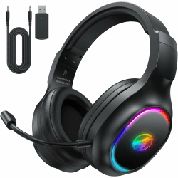 Awinnasey Wireless Gaming Headset für PS4, PS5, PC, Mac, Switch, 2,4 GHz Gaming Kopfhörer mit Geräuschunterdrückung und RGB Licht, Bluetooth Kopfhörer mit Kabel 3.5mm, Schwarz PRO Schwarz