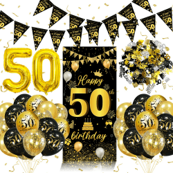 50 Geburtstag Deko,50. Geburtstag Männer Frauen Dekorationen Banner,Konfetti 50. Geburtstag Deko,50. Geburtstag Deko Lange Banner Hintergrund und Schwarz Gold,Geburtstagsdeko 50 Luftballons