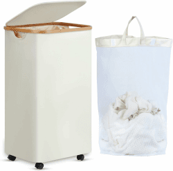 efluky Wäschekörbe mit Rollen 100L, XL Wäschekorb mit Deckel mit Herausnehmbarer und Waschbarer Innentasche, Beige Wäschekorb Extra Große aus Bambus für Waschküche, Schlafzimmer, Badezimmer Beige 100L