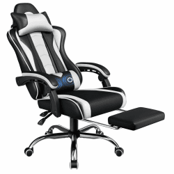 Yaheetech Gaming Stuhl Ergonomischer Gamer Stuhl mit Massagefunktion Computerstuhl mit Fußstütze Bürostuhl 90-135° Rückenlehne verstellbar Gaming Sessel PC Stuhl Weiß