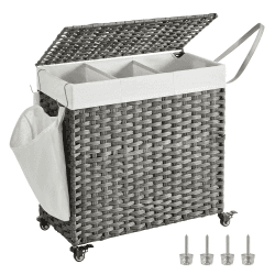 SONGMICS Wäschekorb mit Deckel, 140 L, Wäschesammler 3 Fächer, Wäschesortierer mit Rollen, in Rattan-Optik, Wäschesack herausnehmbar, für Waschküche, 66 x 33 x 66 cm, grau LCB363G01 140L (66 x 33 x 66 cm) Grau