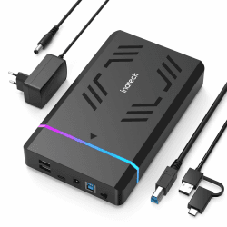 Inateck RGB 3.5 Zoll Festplattengehäuse, USB 3.0 Externes Festplattengehäuse für 2.5''/3.5'' SATA HDD und SSD, mit Erweiterungsanschlüssen und 12V/2A Stromadapter, unterstützt bis zu 20TB, FE3003 Gehäuse mit RGB Funktion
