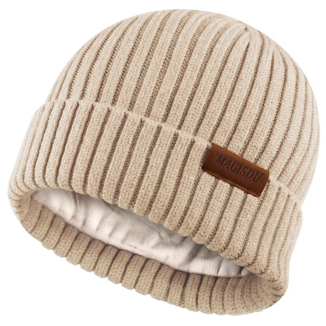 MAGISDU Baby Wintermütze Kinder Merino Mütze Jungen&Mädchen Wollmütze Strickmütze Winter Beanie Thermo Fleece Lined M Beige