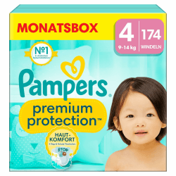 Pampers Baby Windeln Größe 4, Premium Protection, Windeln x174, 9kg-14kg, Doppelter Schutz für Hautkomfort & gegen Auslaufen Größe 4 (174 Stück) NEU