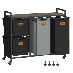 VASAGLE Wäschekorb 4 Fächer, Wäschesammler 150 L, Wäschesortierer, Rollen, Wäschewagen mit Ablage, Wäschesack, kleine seitliche Taschen, 6 Etiketten, kastanienbraun-tintenschwarz-taubengrau BLH203B01 Kastanienbraun + Tintenschwarz + Taubengrau 150 L