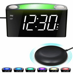 Wecker mit Vibration, Lauter, für Tiefschläfer&Hörgeschädigte&Gehörlose, 12/24 H, 7 Earbiges Nachtlicht, 7“ Großes LED-Anzeige, Dimmer, Große Schlummertaste, 2 USB-Ladegerät, Batterie-Backup Weiße Ziffern