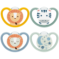 NUK Space Day & Night Babyschnuller | 18-36 Monate | Im Dunkeln leuchtende Schnuller mit zusätzlichen Öffnungen für sensible Haut | BPA-freies Silikon | Zebra & Löwe | 4 Stück 18m+ Blau
