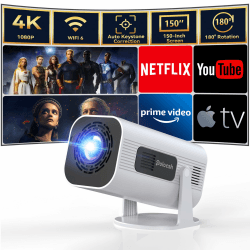 Polocsh Beamer, Mini Beamer 4k Heimkino mit Android 11.0, WLAN6 und BT5.2, 1080P Full HD Mini Projektor mit Auto Keystone, 150″ Display Portable Mini Beamer mit 180° Drehung mit HDMI/USB/AV, Weiß